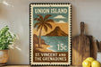 A vintage-style stamp depicting Union Island, St. Vincent and the Grenadines, with a palm tree and a mountain landscape.