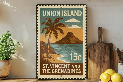 A vintage-style stamp depicting Union Island, St. Vincent and the Grenadines, with a palm tree and a mountain landscape.