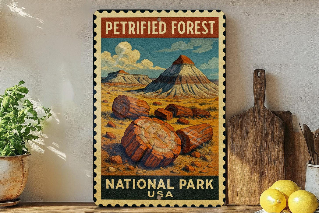 A framed vintage-style stamp depicting a scenic landscape with a mountain, pine trees, and large tree trunks, with the text "PETRIFIED FOREST NATIONAL PARK USA" on it.