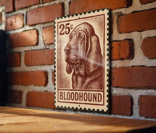 a 25¢ postage stamp with a drawing of a bloodhound dog.