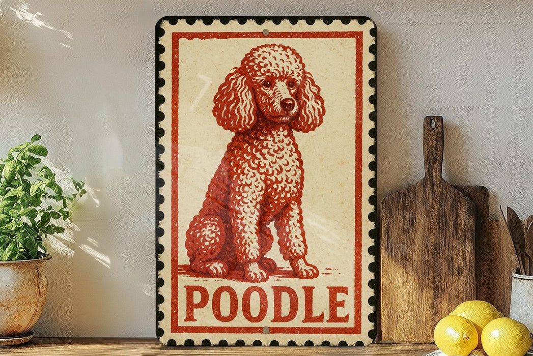 A vintage-style metal sign featuring a red poodle illustration, with the word "Poodle" written below the image.