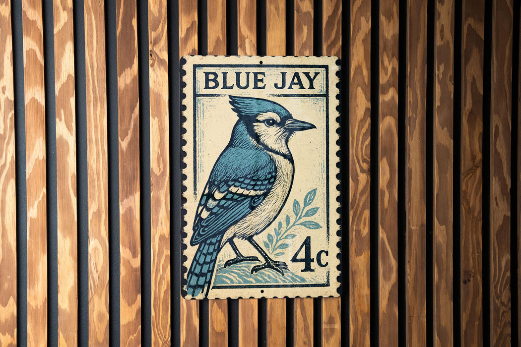 A postage stamp featuring a blue jay bird is displayed on a wooden wall.