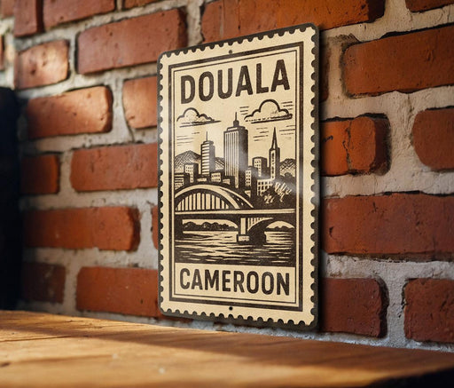 A vintage-style metal sign with the text "DOUALA CAMERON" is displayed on a brick wall.