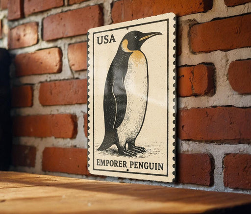 A poster of an Emper Penguin is displayed on a brick wall, with the word "USA" printed on it.