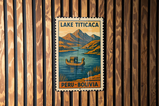 A vintage-style poster of Lake Titicaca in Peru, featuring a boat on the lake and mountains in the background.