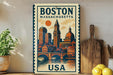 A vintage-style metal sign depicting the skyline of Boston, Massachusetts, with the text "BOSTON MASSACHUSETTS USA" prominently displayed.