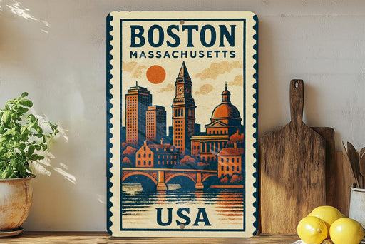 A vintage-style metal sign depicting the skyline of Boston, Massachusetts, with the text "BOSTON MASSACHUSETTS USA" prominently displayed.