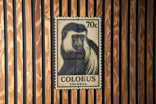 A 70 cent postage stamp featuring a colobus monkey is displayed on a wooden wall.