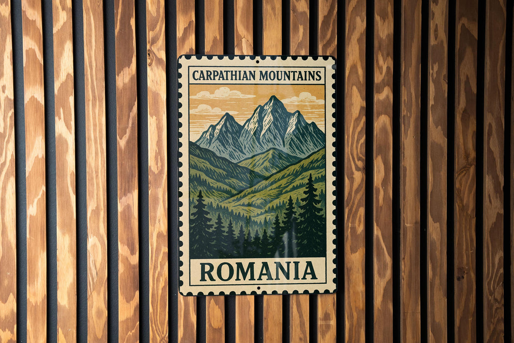A Carpathian Mountains postage stamp is displayed on a wooden wall.
