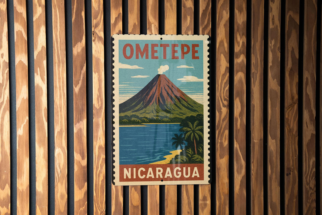 A vintage-style travel poster for Ometepe, Nicaragua, featuring a mountain landscape with a volcano and a beach.