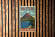 A vintage-style travel poster for Ometepe, Nicaragua, featuring a mountain landscape with a volcano and a beach.