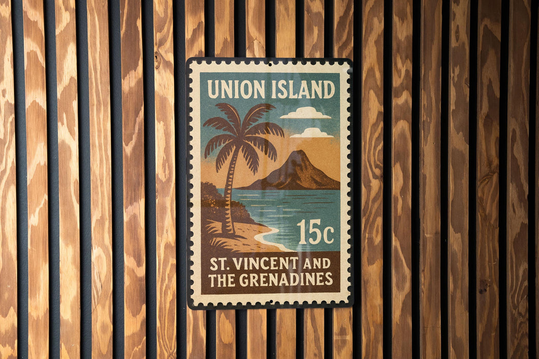 Union Island Saint Vincent Metal Sign – Vintage Stamp Style Wall Art for Home Bar, Travel Decor, Caribbean Souvenir