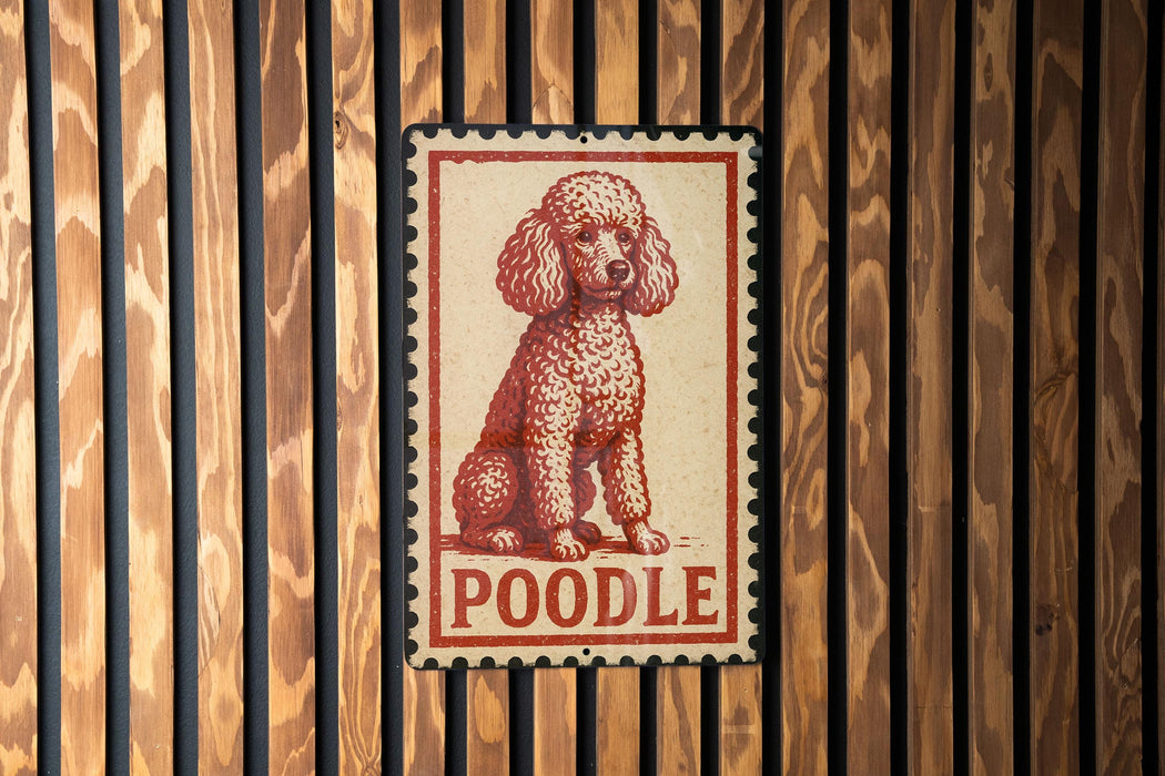 A red and white poodle sign is displayed on a wooden wall.