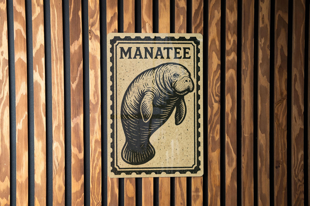A sign with the word "MANATEE" printed on it, depicting a manatee.