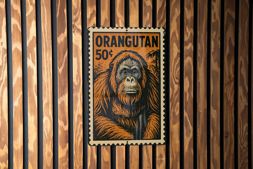 an illustration of an orangutan, which is a type of primate, mounted on a wooden wall.