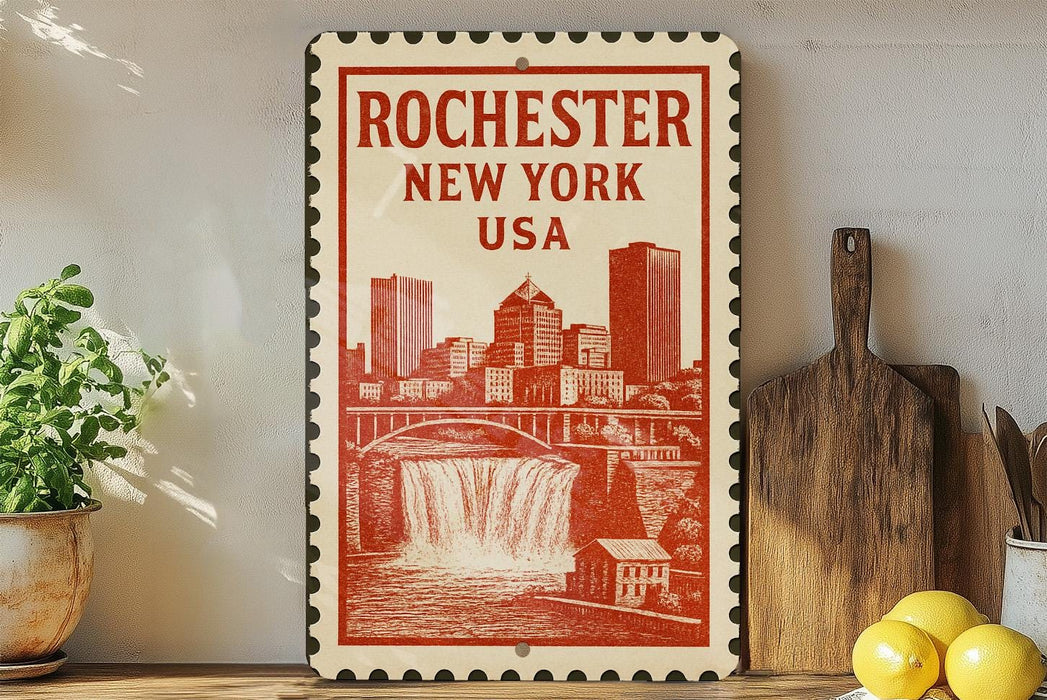 A vintage-style stamp depicting the city of Rochester, New York, USA, with a waterfall and buildings in the background.