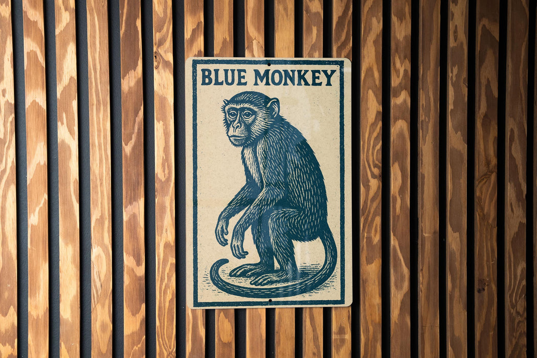 A blue and white sign with the text "BLUE MONKEY" is displayed on a wooden wall.