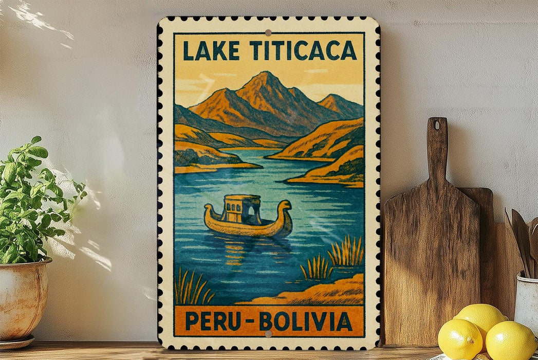 A vintage-style poster of Lake Titicaca in Peru, featuring a boat on the lake and mountains in the background.