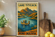 A vintage-style poster of Lake Titicaca in Peru, featuring a boat on the lake and mountains in the background.