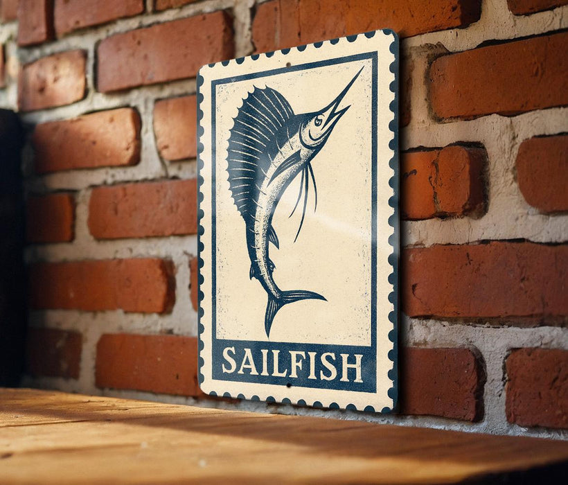 A sign featuring a sailfish is displayed on a brick wall.