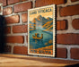 A vintage-style postage stamp depicting Lake Titicaca in Peru, with mountains and a boat in the background.