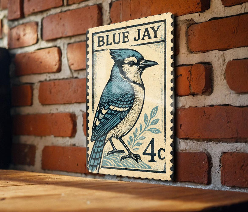 A vintage postage stamp featuring a blue jay, mounted on a brick wall.