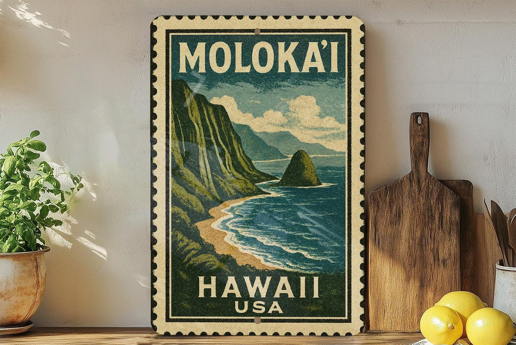 A framed vintage-style stamp depicting a mountainous landscape with a beach and ocean, placed on a shelf next to a wooden cutting board and some lemons.