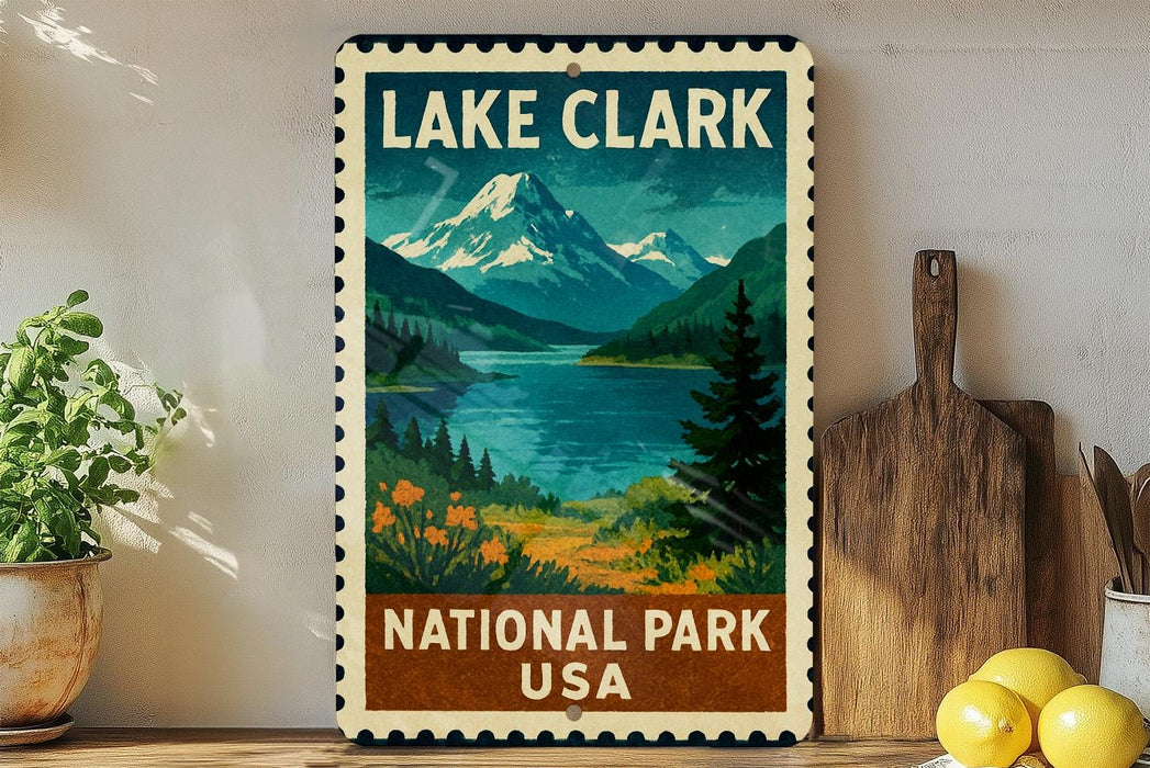 A framed poster of Lake Clark National Park in the United States, featuring a scenic mountain landscape with a lake and pine trees.