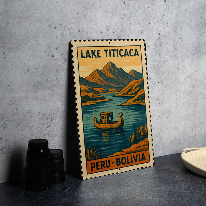 A vintage-style metal sign depicting Lake Titicaca in Peru, with a boat on the lake and mountains in the background.