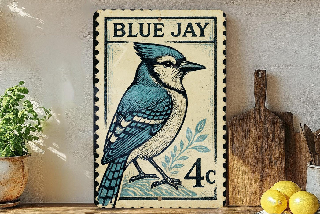 A vintage-style postage stamp featuring a blue jay, with the text "BLUE JAY 4c" printed on it. The stamp is displayed on a shelf next to a wooden cutting board and some potted plants.