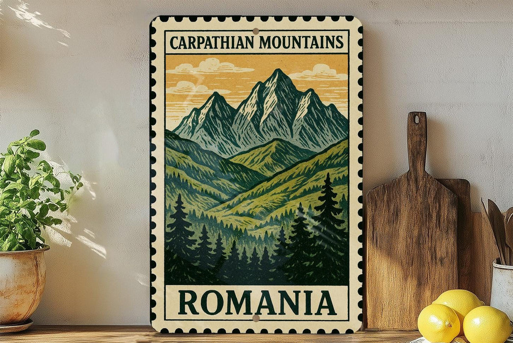 a vintage-style metal sign with a mountain landscape and pine trees, placed on a wooden surface next to a wooden cutting board and a potted plant.