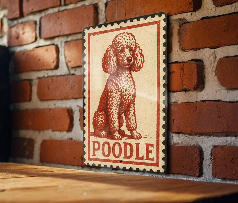 A vintage-style metal sign featuring a poodle illustration is mounted on a brick wall.