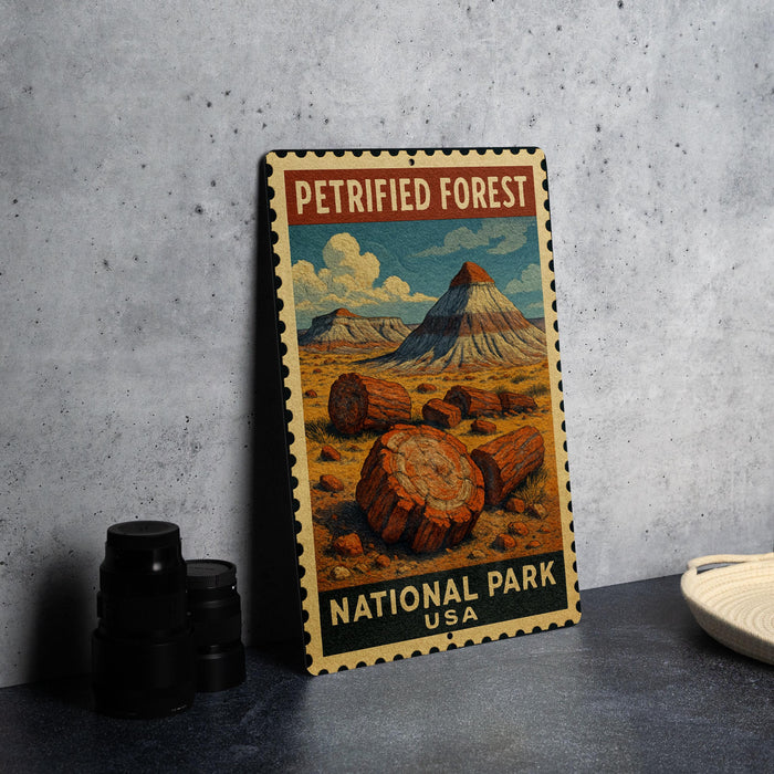 A vintage-style metal stamp depicting a forest scene with a mountain and fallen tree trunks, placed on a gray surface next to some black camera lenses.