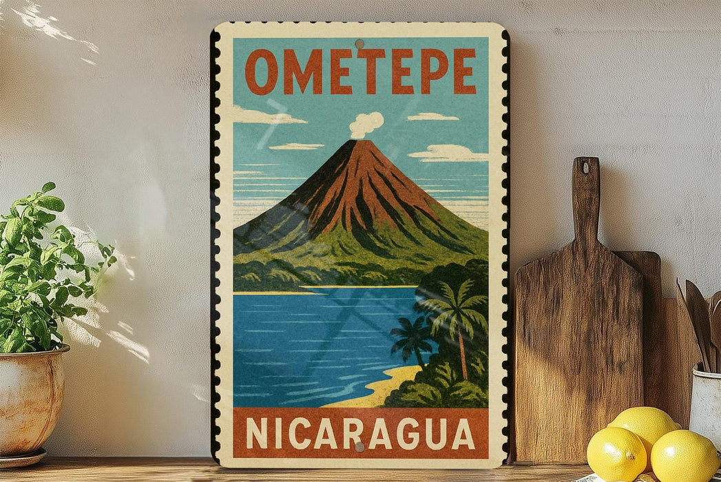 A vintage-style stamp depicting a tropical landscape with a mountain, palm trees, and a body of water, with the text "OMETOPE" and "NICARAGUA" printed on it.