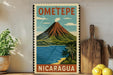 A vintage-style stamp depicting a tropical landscape with a mountain, palm trees, and a body of water, with the text "OMETOPE" and "NICARAGUA" printed on it.