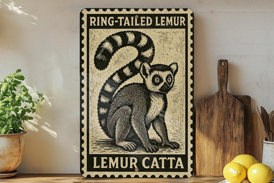 A framed illustration of a lemur, a type of primate, is displayed on a wall next to a wooden cutting board and some lemons.