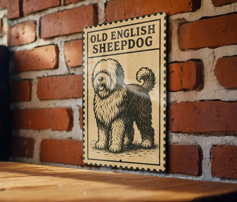 a sign with a picture of a sheepdog, mounted on a brick wall.