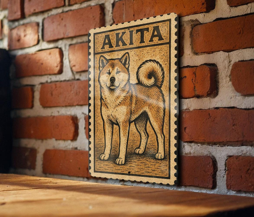 a wooden surface with a framed illustration of a Shiba Inu dog, which is a breed of Japanese Shiba Inu.