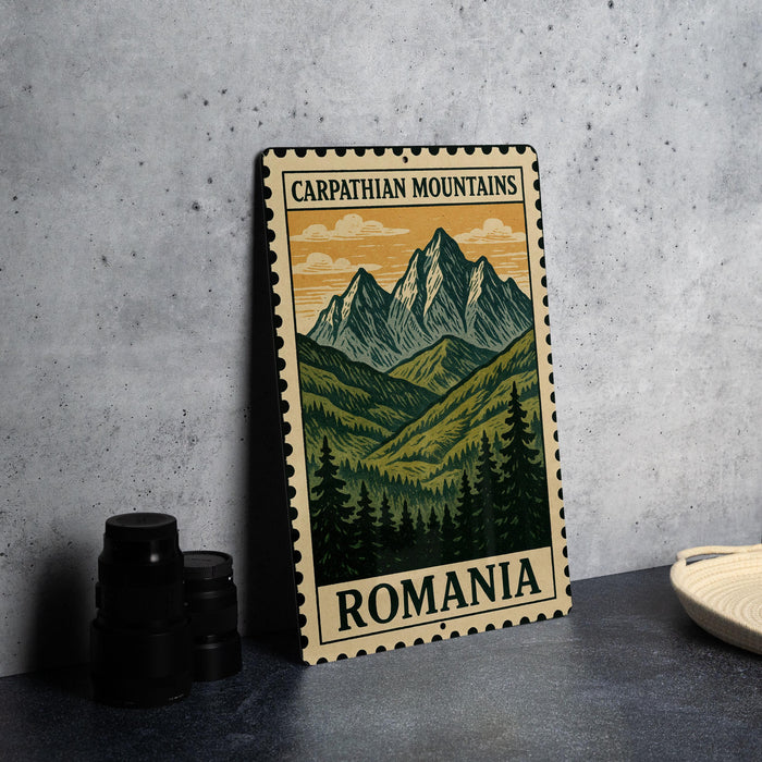 A metal sign with a mountain landscape and pine trees, featuring the text "CARPATHIAN MOUNTAINS ROMANIA" on it, is displayed on a table next to some black camera lenses.