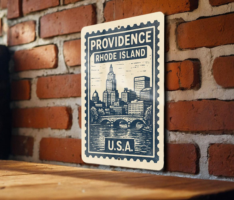 A metal sign with a vintage-style illustration of a cityscape and a bridge, mounted on a brick wall.