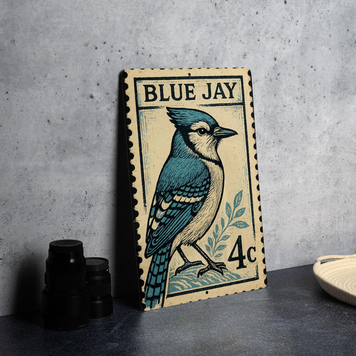 A vintage postage stamp featuring a blue jay bird, with the text "BLUE JAY" and the denomination "4c".