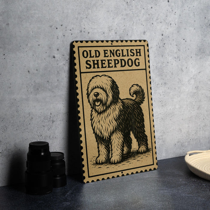 a sign with a picture of an Old English Sheepdog, which is a type of dog breed.