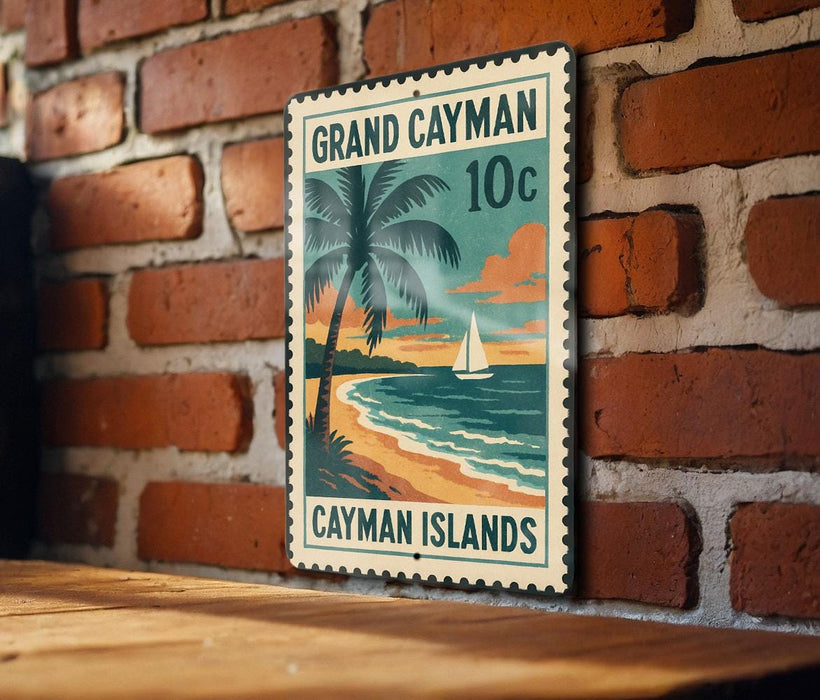 A vintage-style postage stamp depicting a tropical beach scene with a sailboat, palm trees, and a sunset over the ocean, mounted on a brick wall.