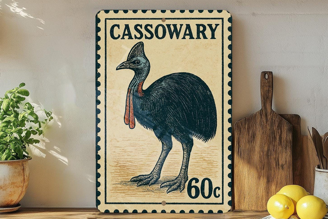 A vintage-style postage stamp featuring a black ostrich, with the text "CASSOWARY" and "60c" printed on it. The stamp is displayed on a shelf next to a wooden cutting board and a potted plant.