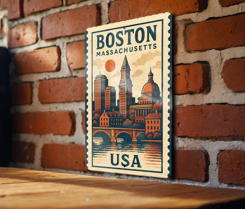 A vintage-style poster of Boston, Massachusetts, featuring the city's iconic landmarks and skyline, is displayed on a brick wall.