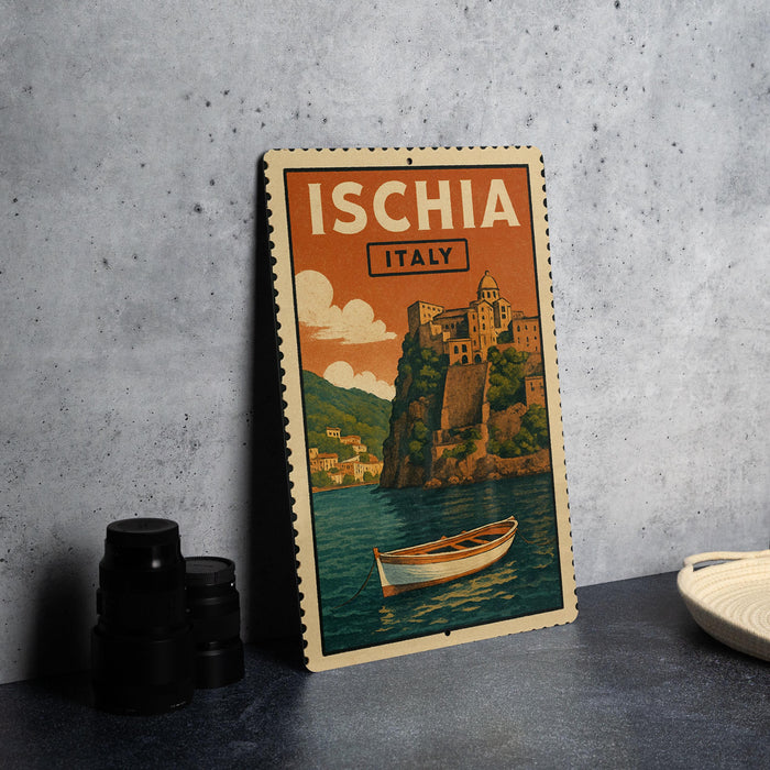 A vintage-style travel poster for Italy, featuring a picturesque coastal town with a boat on the water.