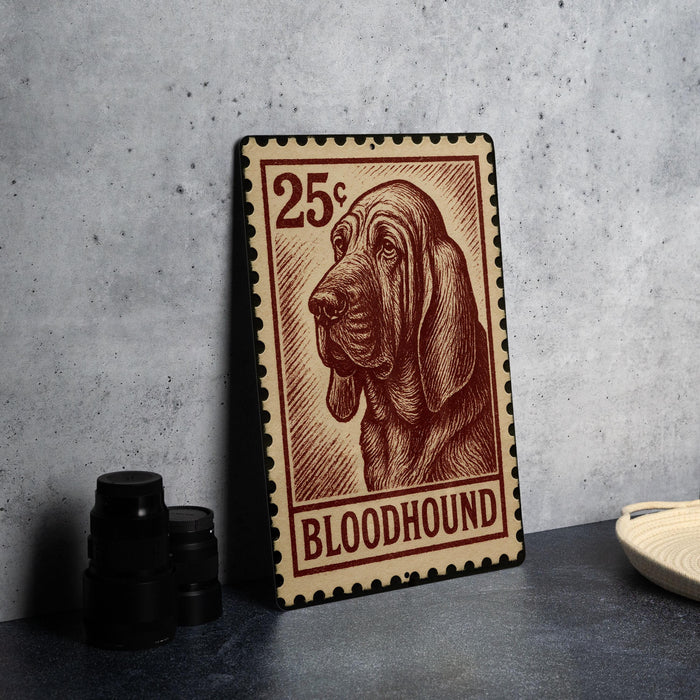 A 25¢ postage stamp featuring a bloodhound dog, placed on a table next to some black camera lenses.
