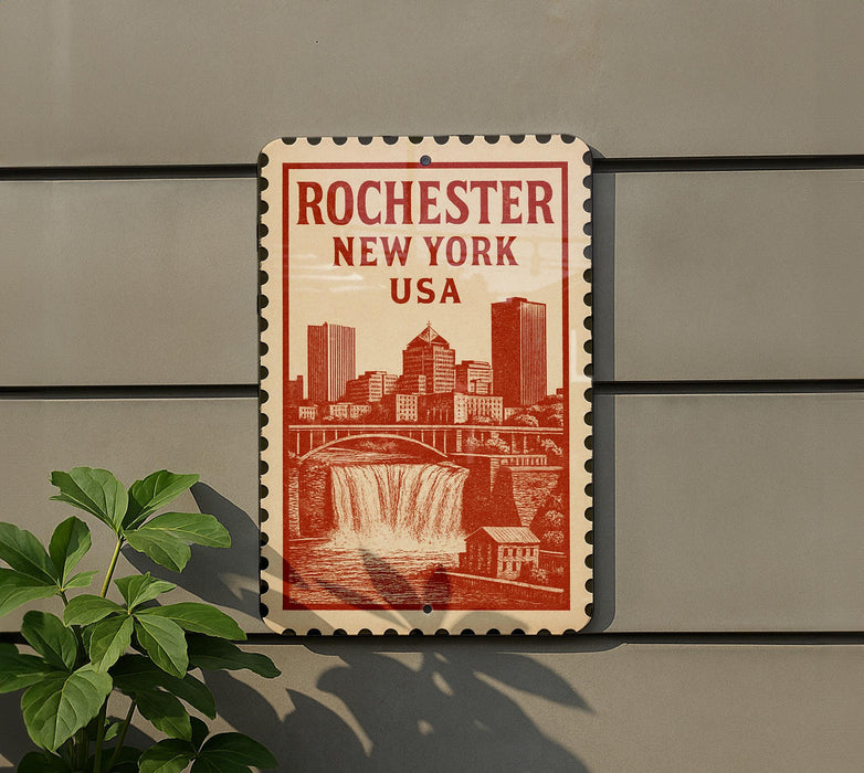 A red and white sign with the text "Rochester New York USA" and an illustration of a waterfall and city skyline.