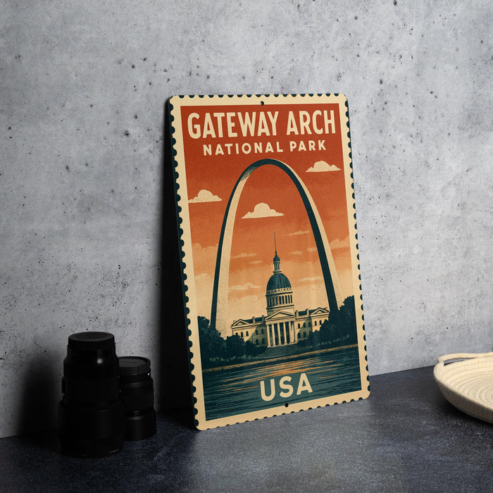 A vintage-style poster of Gateway Arch National Park in the USA, featuring an illustration of the arch and the United States Capitol building.