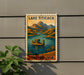 A vintage-style sign for Lake Titicaca in Peru, featuring a boat on the lake and mountains in the background.